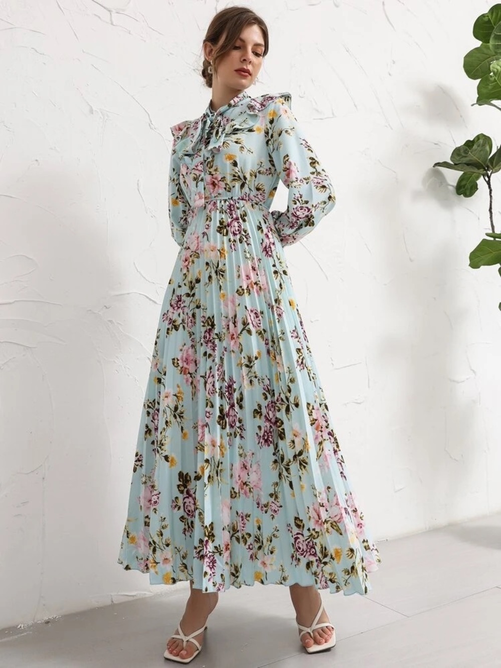 SHEIN Light Blue Floral Bow-Neck Pleated Skirt Long Sleeve Maxi Dress sz M